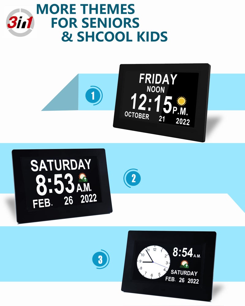 VÃ©faÃ®Ã® 2025 New, Digital Dementia Clock with Date and Time for Elderly, 10 Levels Auto Dimmer, 19 Alarms & Custom Reminders, Sun/Moon Icons, Auto DST, Large Display for Seniors- 7" with Remote - Image 5